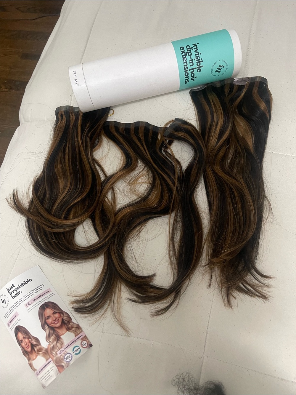 Seamless Clip-In Hair Extensions in Black with Light Brown Highlights - Picture 3 of 5